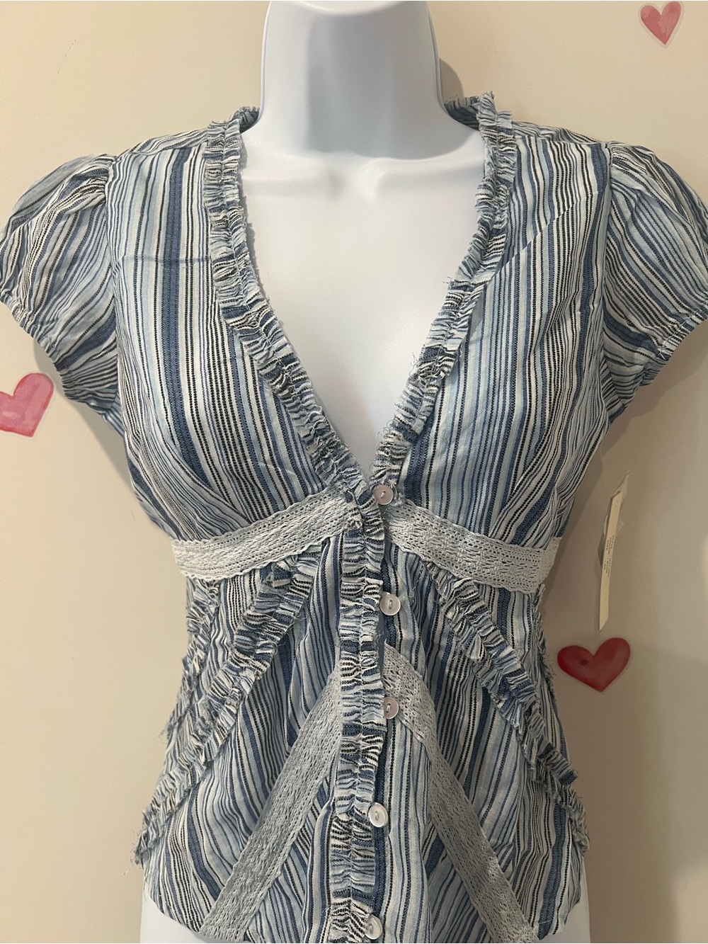 Blue Striped Button-Front Women’s Top with Lace Trim